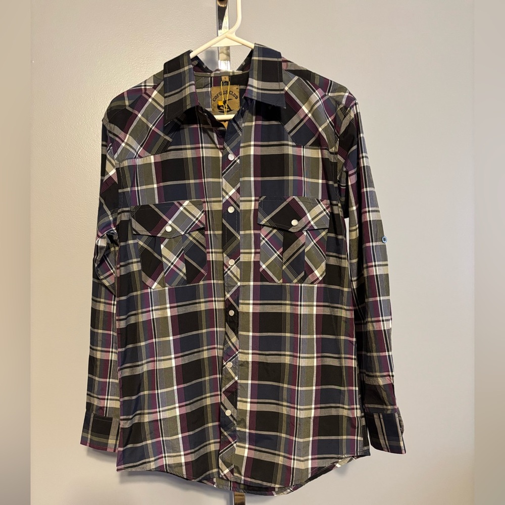 Coevals Club Men's Small Western‎ Pearl Snap Navy And Purple Plaid NWT